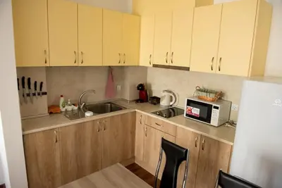 a kitchen with wooden cabinets and a sink and a microwave at Морски бриз in Shkorpilovtsi