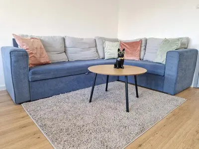 a blue couch with a cat statue on a table at Sea apartment- Gurko in Burgas City