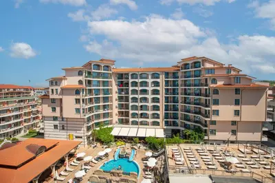 an aerial view of a resort with a pool and umbrellas at Stylish Holiday Apartments in Karolina in Sunny Beach