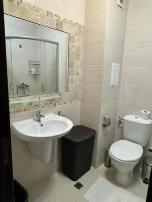 a bathroom with a sink and a toilet and a mirror at Апартамент Каскадас in Sunny Beach