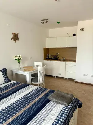 a bedroom with a bed and a table and a kitchen at Oasis Premium Studio in Lozenets
