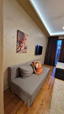 a living room with a couch and a painting on the wall at MitProt Panorama Bay 2 luks Studio 158 in Sveti Vlas