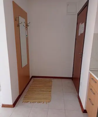 a hallway with a door and a rug on the floor at Апартаменти за гости Морска гледка in Chernomorets