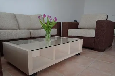 a vase of flowers sitting on a coffee table in a living room at Апартаменти за гости Морска гледка in Chernomorets