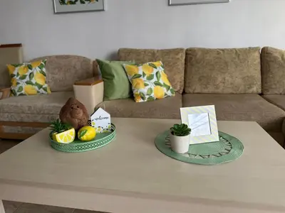 a coffee table with two plates of fruit on it at House Velevi in Sveti Vlas