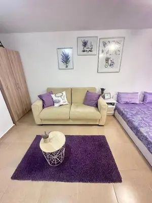 a living room with a couch and a purple rug at House Velevi in Sveti Vlas