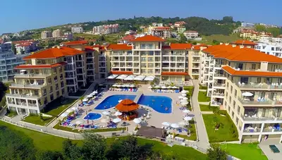 an aerial view of a resort with a swimming pool at Byala Beach Resort in Byala