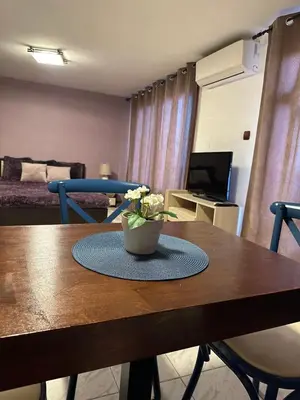 a dining room table with a vase of flowers on it at Villa Nikoleta in Sveti Vlas