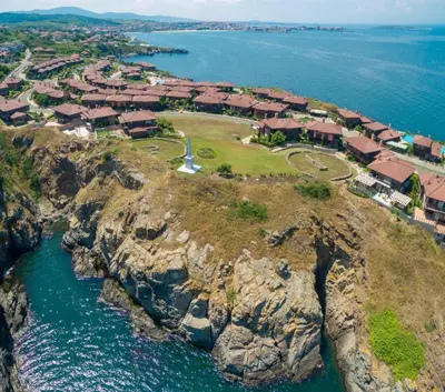 an aerial view of a village on the edge of a cliff at Sozopolis Sunset Apartment with sea view in Sozopol