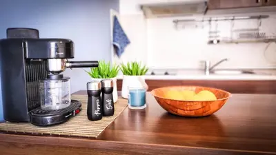 a kitchen counter with a coffee maker and a bowl of food at Studio Comfort Blue in Primorsko