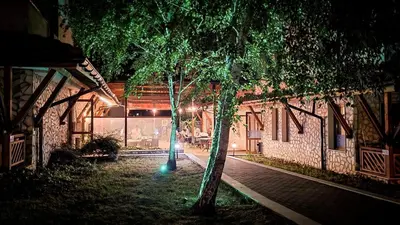 a building with a tree and a street at night at Studio Comfort Blue in Primorsko
