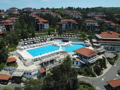 an aerial view of a resort with a swimming pool at Marena Studio - Santa Marina, Sozopol in Sozopol