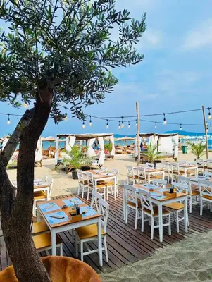 a deck with tables and chairs and a tree at Lazur Beach Residence - 10min walk to beach in Burgas City