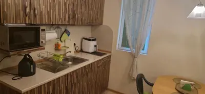a small kitchen with a sink and a microwave at Charming 2-bed Apartment with AC, 5 Mins from Beach in Sunny Beach