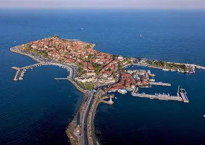 an aerial view of a small island in the water at VIGO Nessebar in Nesebar