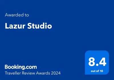 a blue rectangle with the text awarded to laxur studio at Lazur Studio in Burgas City