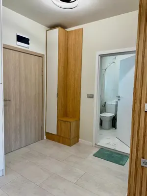 a bathroom with a wooden door and a toilet at Domenico Luxury Apartments in Sunny Beach