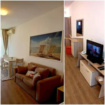 a living room with a couch and a living room with a television at Studio Alma in Byala