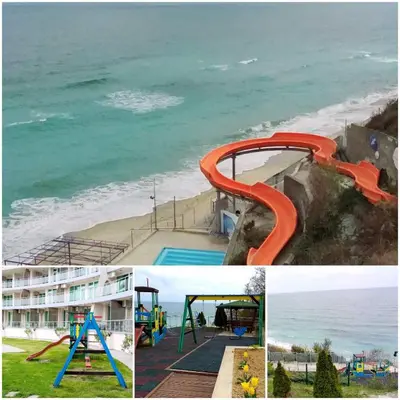 a collage of pictures of a playground and the ocean at Studio Alma in Byala