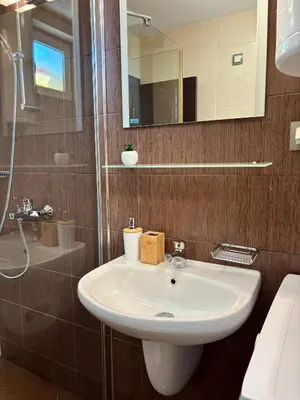 a bathroom with a sink and a shower and a mirror at Sunset Deluxe in Kosharitsa
