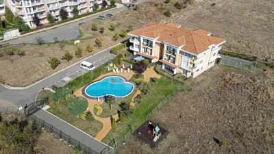 an aerial view of a house with a swimming pool at Sunset Deluxe in Kosharitsa