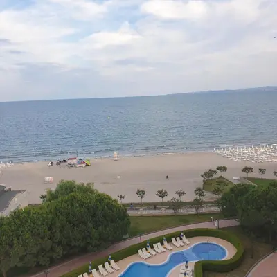 an aerial view of a beach and the ocean at Apartment Sunset resort C4-17 in Pomorie