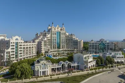 an aerial view of a large building in a city at Apartment Sunset resort C4-17 in Pomorie