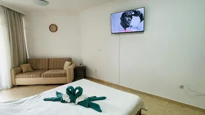 a living room with a bed and a couch at FREGATA STUDIO 4 Sveti Vlas in Sveti Vlas