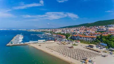 an aerial view of a beach and a harbor at Tryavna Beach - Private apartment - BSR - 4 in Sveti Vlas