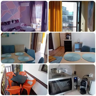 a collage of four pictures of a room at Тристаен апартамент Еуфория, Свети Влас in Sveti Vlas