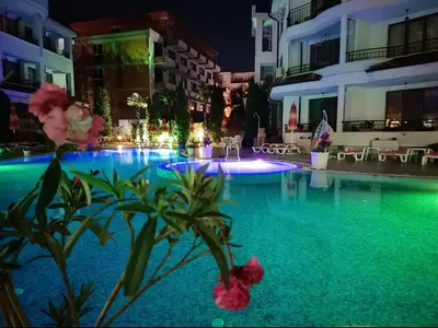 a swimming pool at night with pink flowers in the foreground at Aura Blu Studio in Sunny Beach