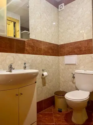 a bathroom with a toilet and a sink and a mirror at Beachfront Studio with Sea Views in Sveti Vlas