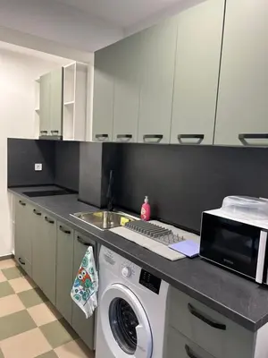 a kitchen with a washing machine and a sink at Апартаменти Лилия 2 in Primorsko