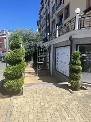 a building with hedges in front of a street at Raduga SP apartments St Vlas in Sunny Beach