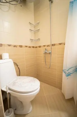 a bathroom with a toilet and a shower at The Family Courtyard - Very LARGE 2BD Apartment by Flat Manаger in Ravda