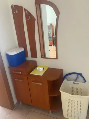 a dressing room with a mirror and a wooden desk at Pool View, 2 Bedroom Apartment in Sunny Beach