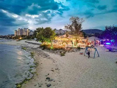 an aerial view of a beach at night at Sorrento E 4 4 Sveti Vlas in Sveti Vlas