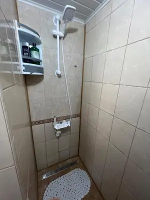 a small bathroom with a shower and a rug at Studio Vili 2 in Varna City