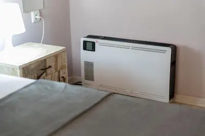 a white heater in a corner of a room at Galata Relax in Varna City