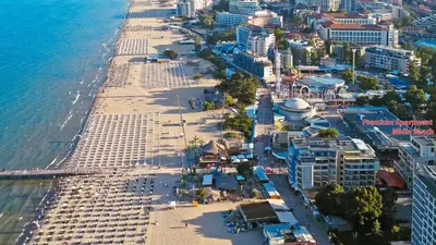 an aerial view of a beach with buildings and the ocean at Prime Location Studio Midia Beach in Sunny Beach