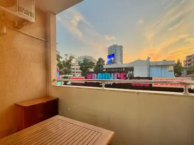 a window with a view of a train at Prime Location Studio Midia Beach in Sunny Beach