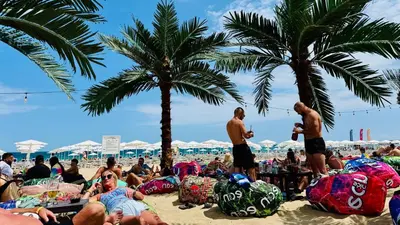 a crowd of people on a beach with palm trees at Prime Location Studio Midia Beach in Sunny Beach