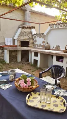 a table with a blue table cloth and a plate with flowers at Bulgarian country house near the sea in Banya