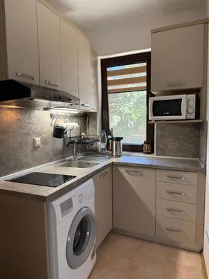 a kitchen with a sink and a washing machine at Sarafovo Sea and Airport Stay in Burgas City