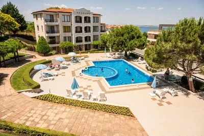 an overhead view of a swimming pool in a resort at Paradise View Guest Apartment in Sozopol