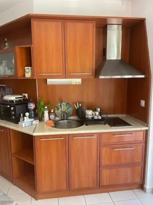 a kitchen with wooden cabinets and a sink at Family Paradise in Laguna Beach Hotel in Sozopol