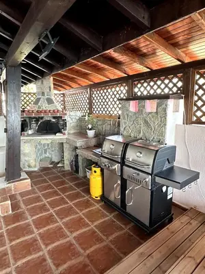 an outdoor kitchen with a stove and an oven at Luxury 3-BR apartment & sky terrace in Sveti Vlas