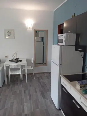 a kitchen with a table and a white refrigerator at Sunshine2 in Sunny Beach