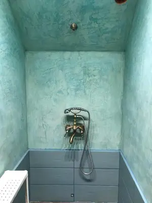 a shower in a bathroom with blue walls at Burgas Biju in Burgas City