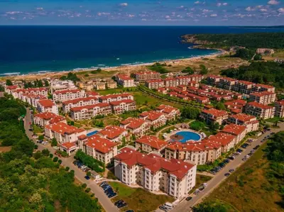 an aerial view of a resort near the ocean at Studio Vanita in Sozopol